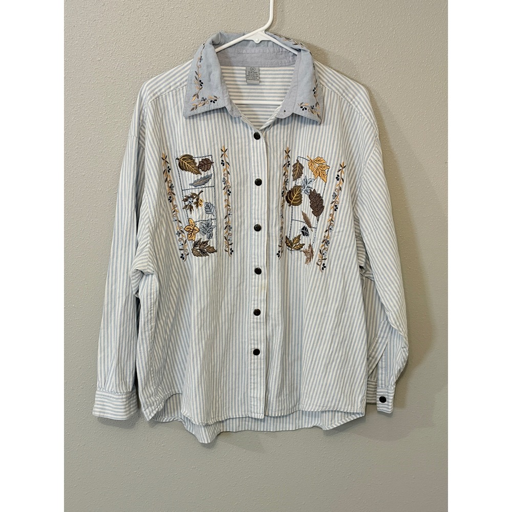 Vintage cottagecore Embroidered Leaf Striped Cotton Button Shirt Blue White 2X